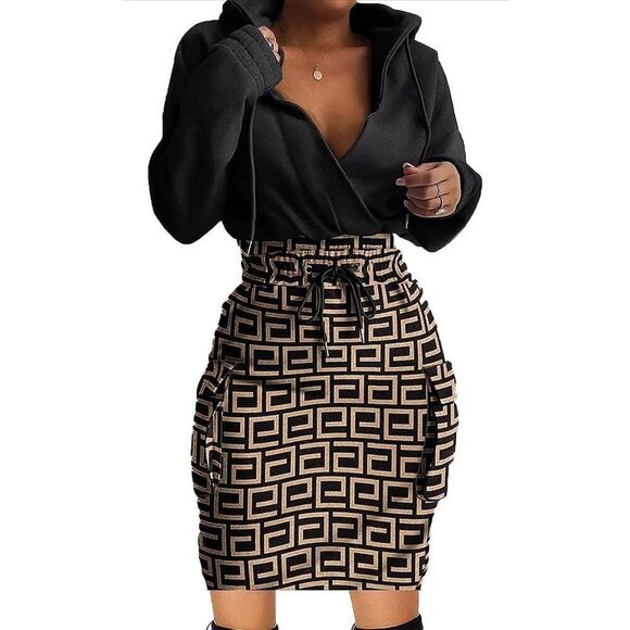 NEW BLACK Hoodie Long Sleeve Pullover Sweatshirt Dress L - Picture 1 of 4